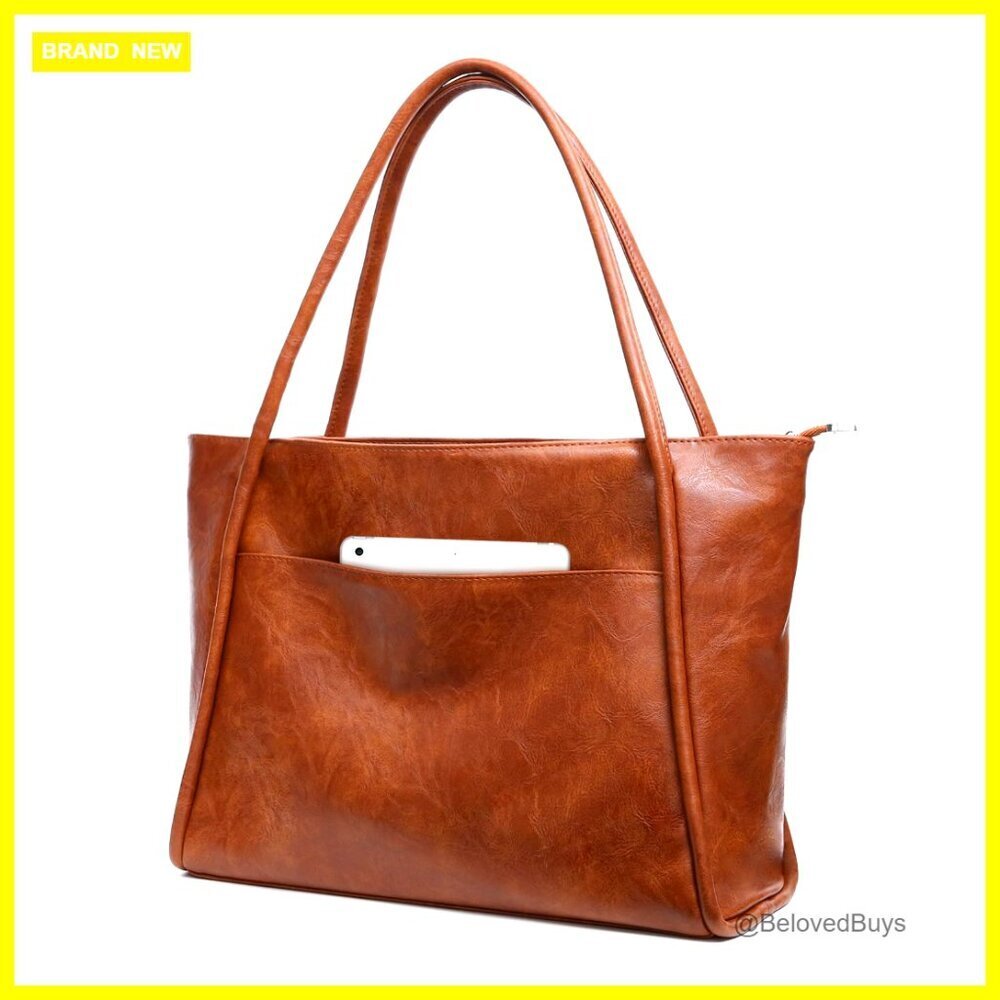 Large Vegan Leather Tote Bag with Zipper for Work and Travel